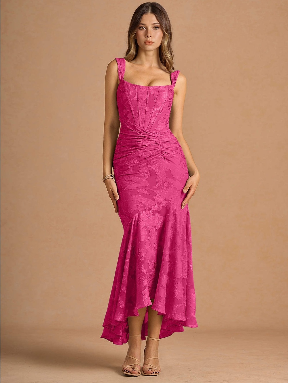 Azazie Fuchsia Square-Neck Ruched Mermaid Dress